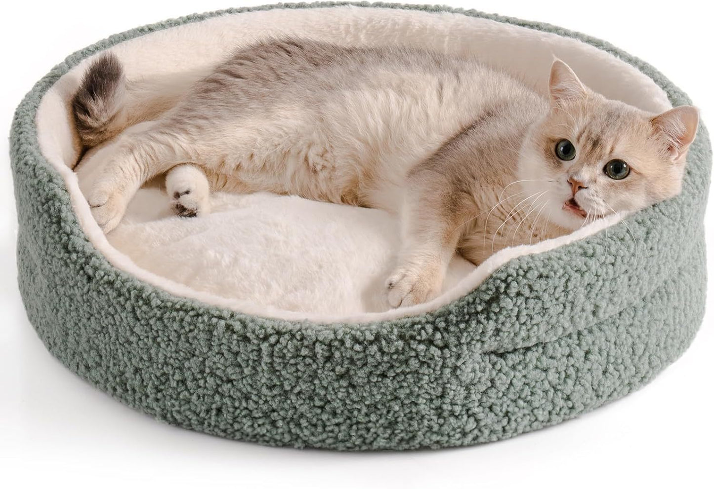 Meow Washable Cat & Small Dog Bed - 23"x23"x7" Round Orthopedic Plush Pet Bed, Non-Slip Bottom, Sage Green