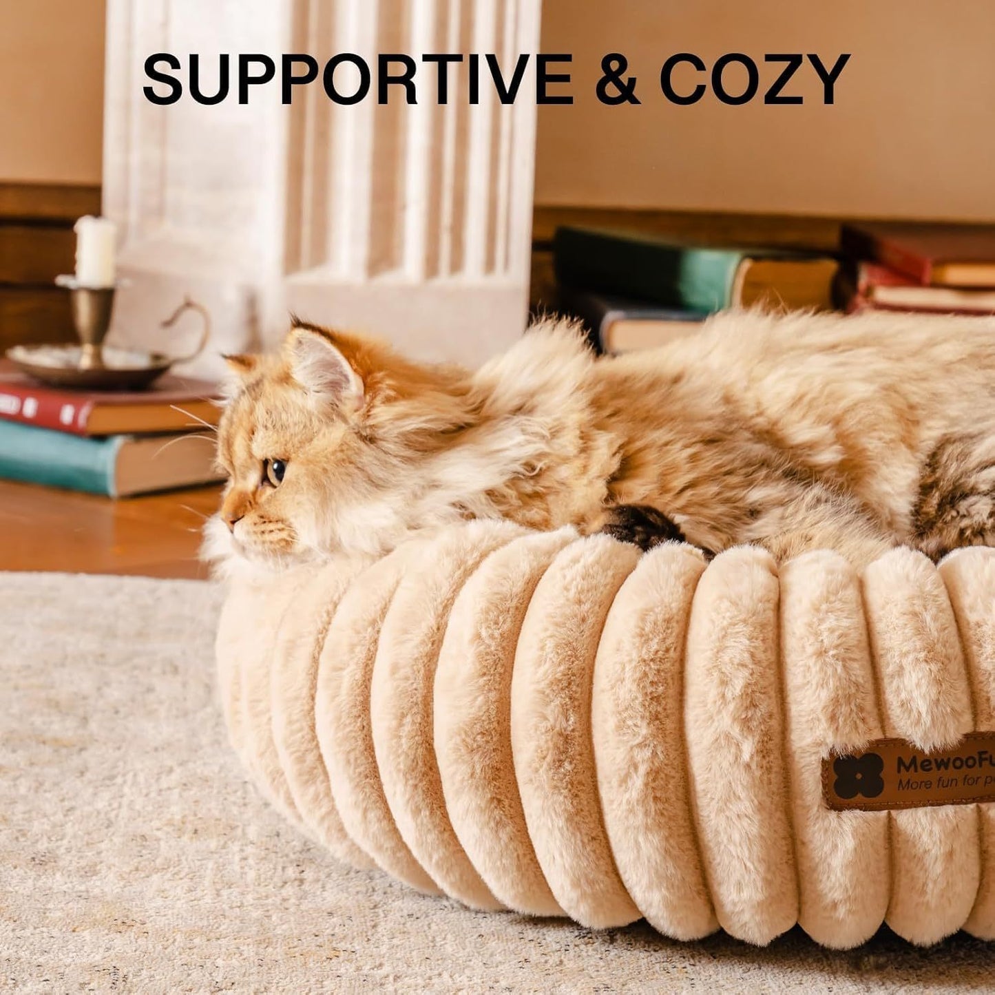Donut Cat Bed – Fluffy, Washable Round Calming Pet Bed for Indoor Cats, Kittens & Small Dogs, Light Brown