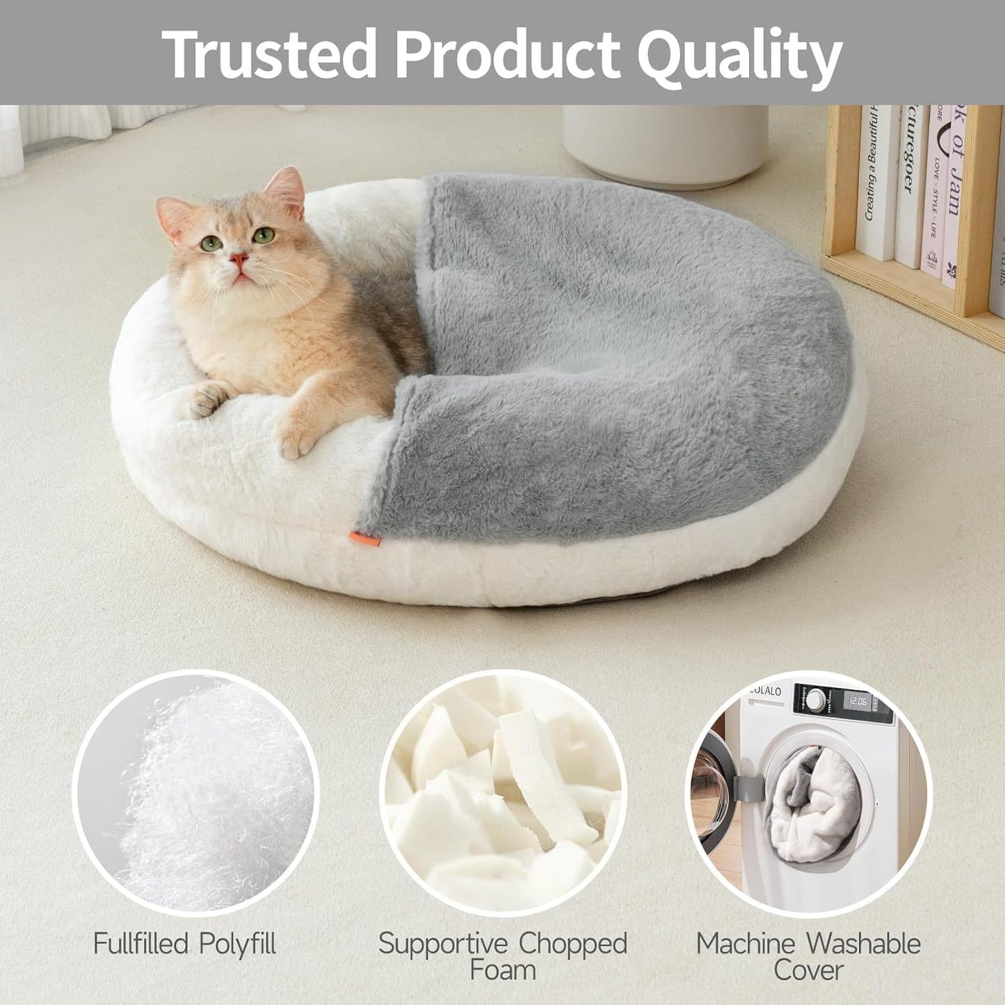 MEWOOFUN Enclosed Cat Bed Cave 22" – Washable Covered Pet Bed with Blanket & Non-Slip Bottom for Cats & Small Dogs, White