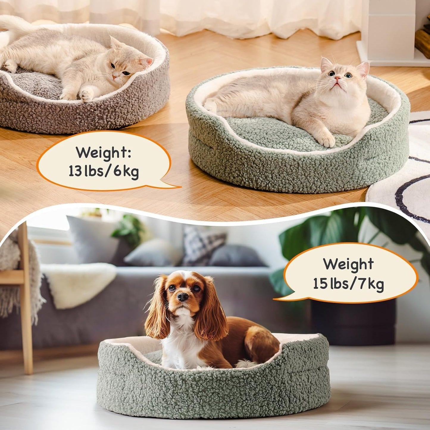 Meow Washable Cat & Small Dog Bed - 23"x23"x7" Round Orthopedic Plush Pet Bed, Non-Slip Bottom, Sage Green