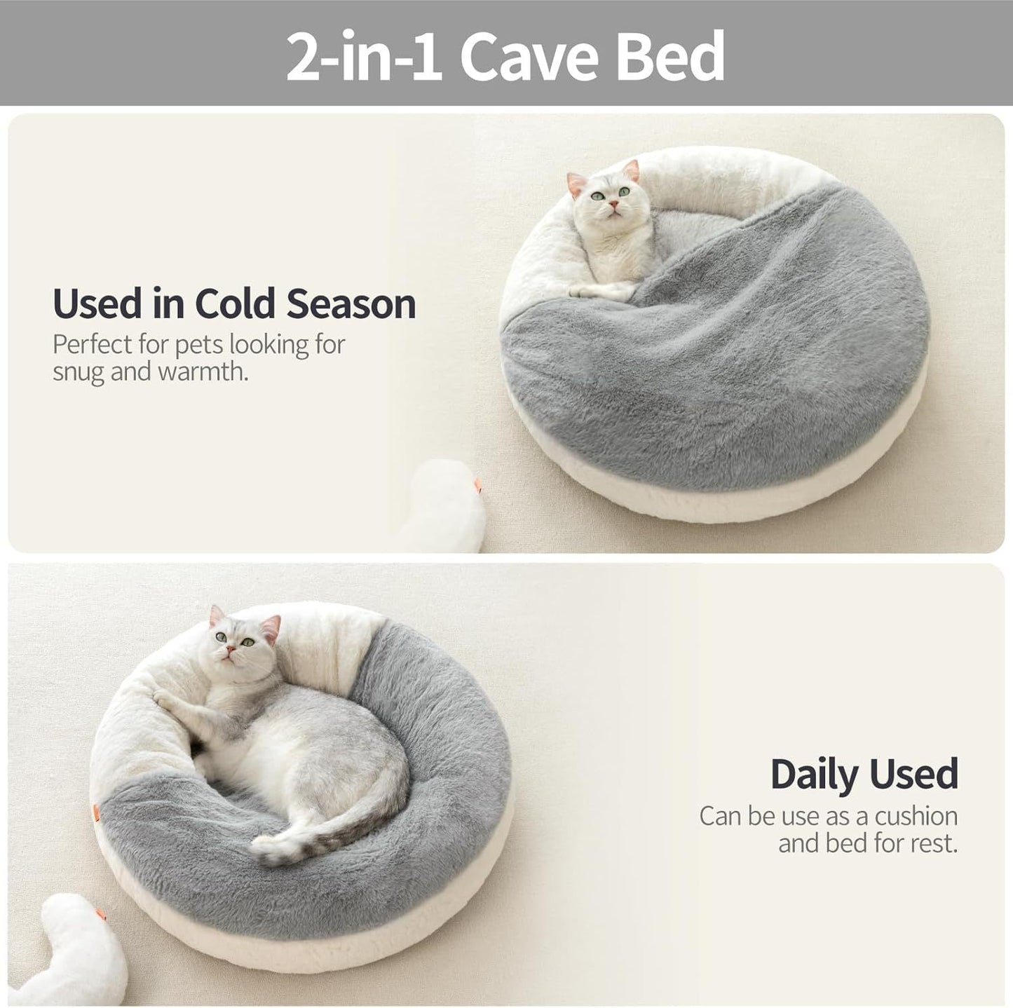 MEWOOFUN Enclosed Cat Bed Cave 22" – Washable Covered Pet Bed with Blanket & Non-Slip Bottom for Cats & Small Dogs, White