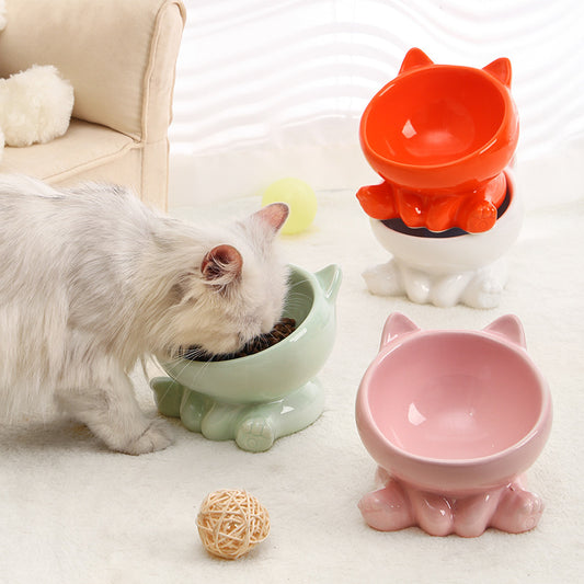 Ceramic Cat Bowl with Neck Guard – Tilted Food Bowl for Cats & Small Dogs | Anti-Vomit, Oblique Mouth Design