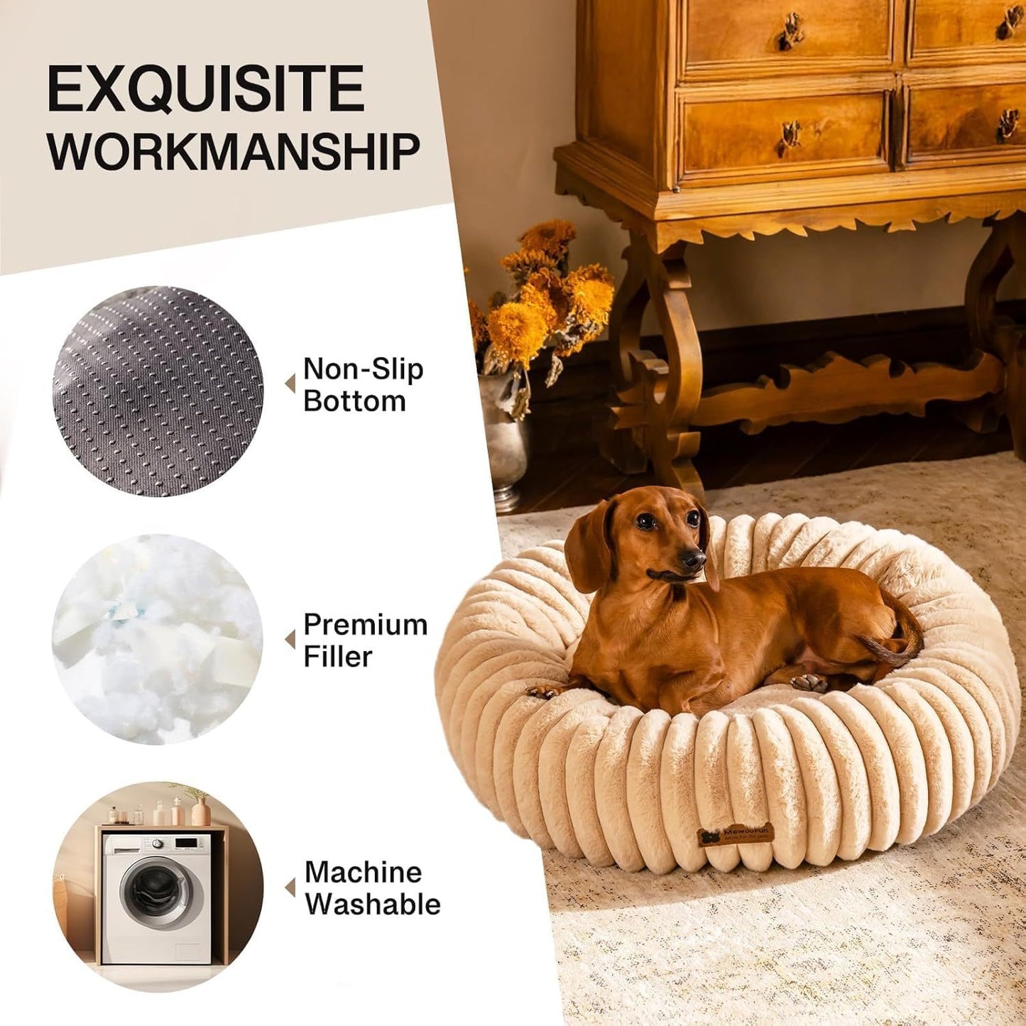 Donut Cat Bed – Fluffy, Washable Round Calming Pet Bed for Indoor Cats, Kittens & Small Dogs, Light Brown