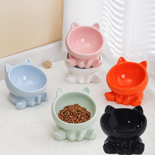 Ceramic Cat Bowl with Neck Guard – Tilted Food Bowl for Cats & Small Dogs | Anti-Vomit, Oblique Mouth Design