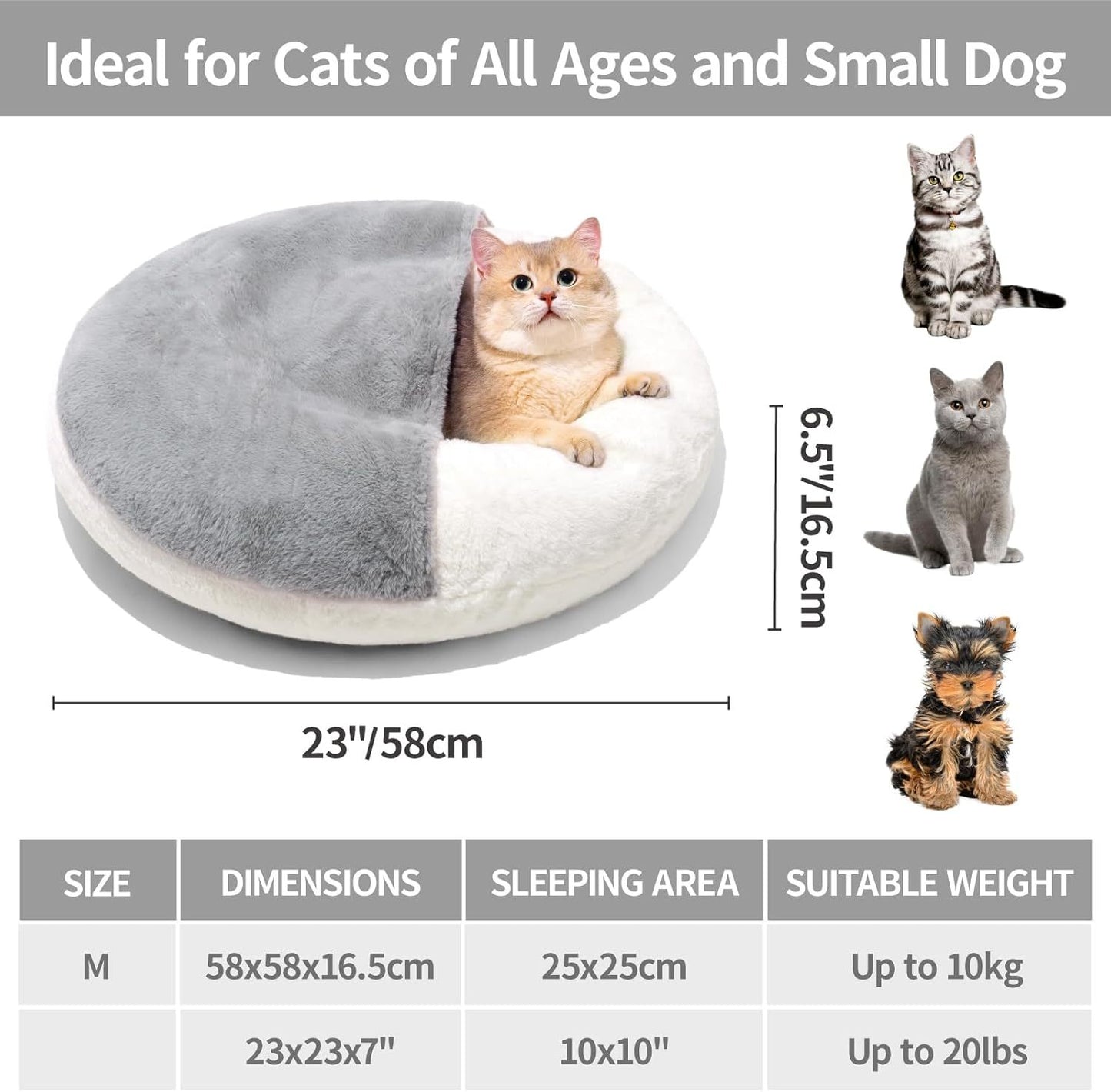 MEWOOFUN Enclosed Cat Bed Cave 22" – Washable Covered Pet Bed with Blanket & Non-Slip Bottom for Cats & Small Dogs, White
