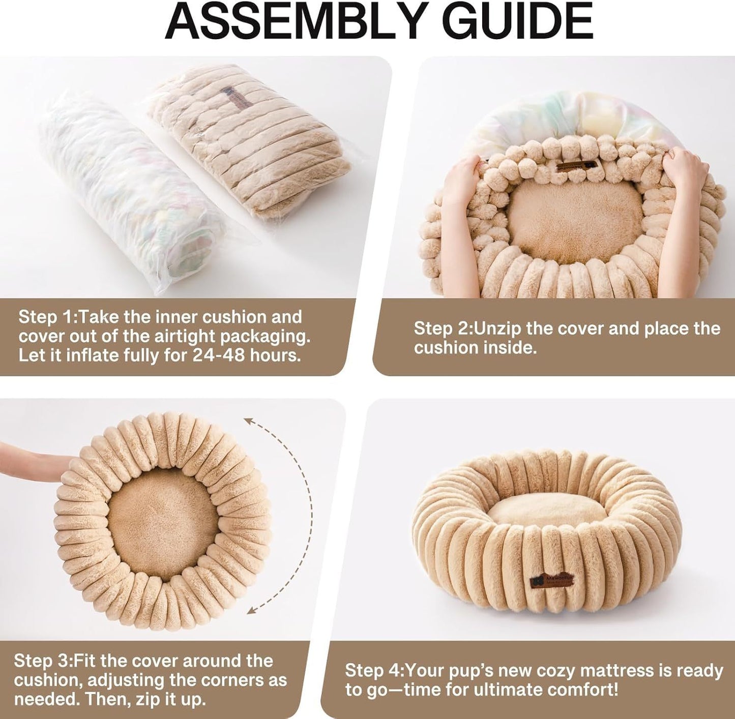 Donut Cat Bed – Fluffy, Washable Round Calming Pet Bed for Indoor Cats, Kittens & Small Dogs, Light Brown