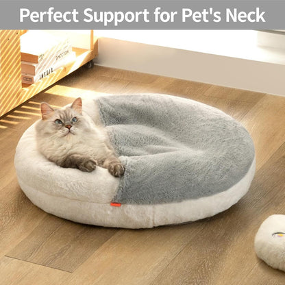MEWOOFUN Enclosed Cat Bed Cave 22" – Washable Covered Pet Bed with Blanket & Non-Slip Bottom for Cats & Small Dogs, White