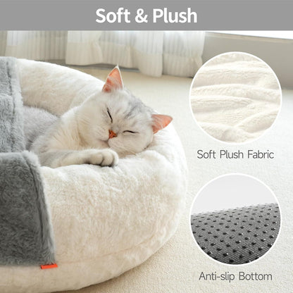 MEWOOFUN Enclosed Cat Bed Cave 22" – Washable Covered Pet Bed with Blanket & Non-Slip Bottom for Cats & Small Dogs, White