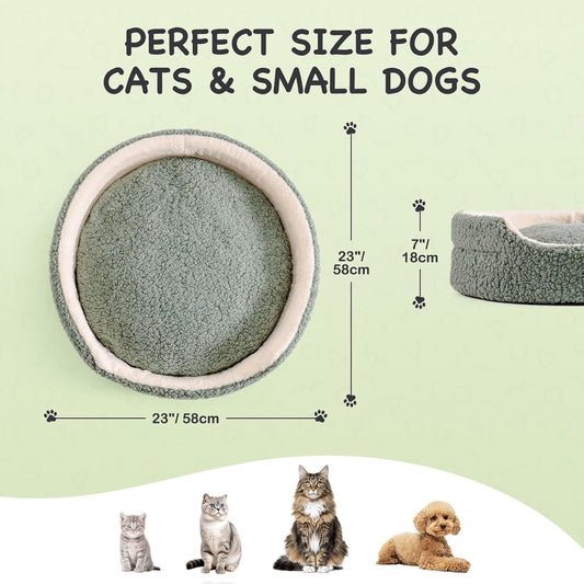 Meow Washable Cat & Small Dog Bed - 23"x23"x7" Round Orthopedic Plush Pet Bed, Non-Slip Bottom, Sage Green