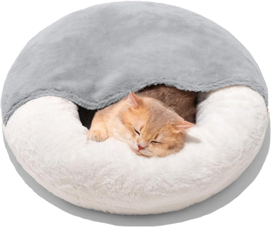 MEWOOFUN Enclosed Cat Bed Cave 22" – Washable Covered Pet Bed with Blanket & Non-Slip Bottom for Cats & Small Dogs, White